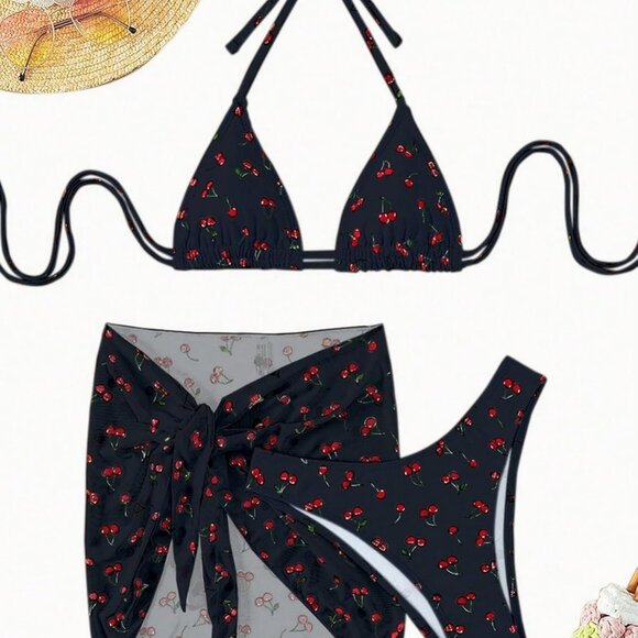 NWT Womens 3 pc Cherry Halter String Triangle Bikini Set w/ Sarong - Large - Picture 2 of 7